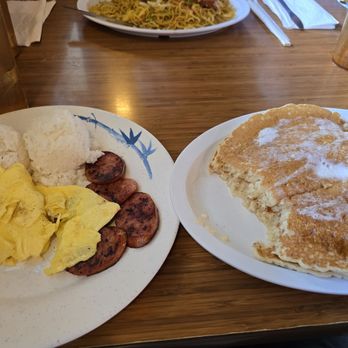 Hawaiian Style Cafe - Breakfast for dinner. Portuguese Sausage, eggs and rice with stack of pancakes - Hawaiian Near Me - Hilo, Hawaii