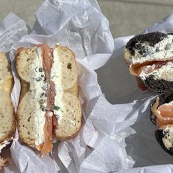 Pigeon Bagels - Classic lox on plain (left; 4/5) and classic lox with herb tofu schmear on marble (3.5/5)