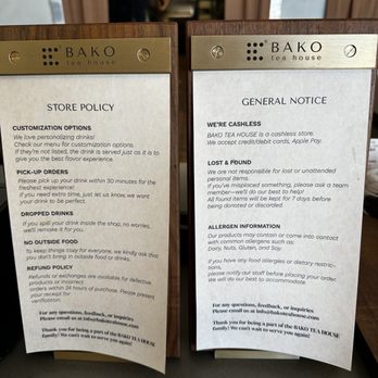 Bako Tea House - Store Policy - Coffee & Tea Near Me - Cerritos, California