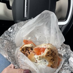 Onion bagel with cream cheese and lox!!!!