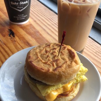 Bake Shack - Dough Boy Sandwich with Turkey Sausage, Iced Chai - Breakfast & Brunch Near Me - Dania Beach, Florida