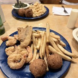 Catfish Dinner-1 Piece w/fries and coleslaw. Popcorn Shrimp Dinner w/turnip greens and a Salad. With a beer and Dr Pepper