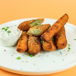 Santorini's - Fried Pickles at Santorini's Farmington: Crispy pickle spears served with our signature house-made Tzatziki. Fresh and savory!