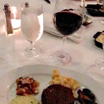 Steak 48 - Petite Filet Mignon with sides of Whipped Potatoes, Roasted Sweet Potatoes, Mac N' Cheese, & Brussels Sprouts! Sooooo yummy! - Steakhouses Near Me - Houston, Texas