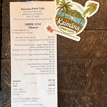 Kaimana Farm Cafe - Receipt - Vegan Near Me - Honolulu, Hawaii