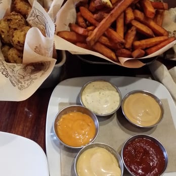 Bareburger - Bayside - Pickled chips, sweet potato fries and the sauces - Burgers Near Me - New York, New York Bareburger - Bayside - Pickled chips, sweet potato fries and the sauces - Burgers Near Me - New York, New York