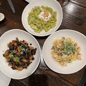 Bettolino Kitchen - Brussels & Balsamico, Rigatoni al Pesto, and Carbonara di Gamberi - Italian Near Me - Redondo Beach, California