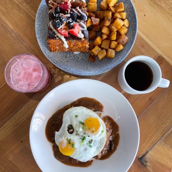 Deck. - Deep Dish Haupia French Toast (top) + Loco Moco (bottom) - Hawaiian Near Me - Honolulu, Hawaii