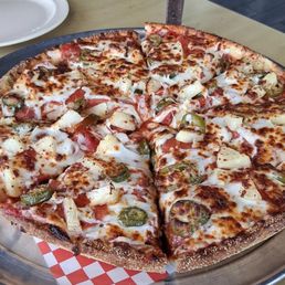 Pepporini jalapeño and pinapple deep dish pizza so goo i used the create your own pizza Pepporini jalapeño and pinapple deep dish pizza so goo i used the create your own pizza