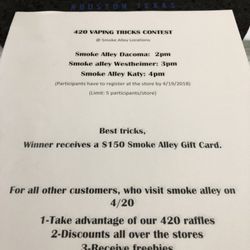 Smoke Alley - 4/20 Giveaways, Raffle, Vape Tricks Contest and Specials :)