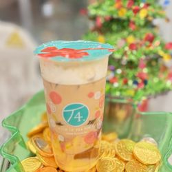 T4 Vallejo - Okinawa Milk Tea with Green Tea Jerry, Mango Pudding , Red Bean topped with Cheese Cream.
