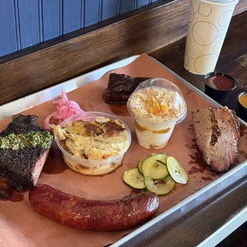 Interstellar BBQ - Beef short rib, kielbasa, peach tea pork belly, brisket, scalloped potatoes, mango coconut rice pudding - Barbeque Near Me - Austin, Texas