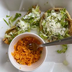 Taqueria La Bonita - 1 sope carnitas (regular order comes with 2 or upsize to 3), 1 taco dorado (order comes with 3 I think?), side of rice.