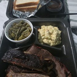 The Hut - 2 meat BBQ plate with ribs, sliced brisket, potato salad,  green beans.