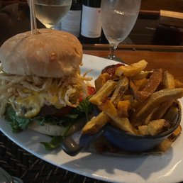 Burger with onion straws (small upcharge) and hand cut fries.