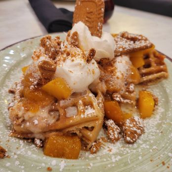 Blondie & Jim’s Bistro - Don't remember the exact name but I believe this is a Peach Bourbon Waffle. (Seasonal) - Southern Near Me - Prospect, Kentucky Blondie & Jim’s Bistro - Don't remember the exact name but I believe this is a Peach Bourbon Waffle. (Seasonal) - Southern Near Me - Prospect, Kentucky