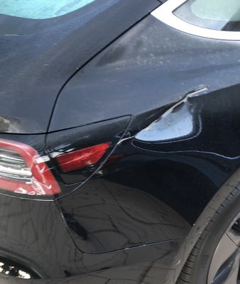 Before and after‘s￼ - The damage was on the passenger side quarter panel I pulled all of the metal work out with a stud welder used for aluminum Grind it down all the heads to make it flush with the light used a light weight dolphin glaze that was Sandoval receive the colorcode from Tesla and paint it with a air compressor tire job took 2 1/2 hours￼￼￼