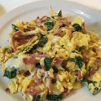 More Than Waffles - Salami Scramble, it has salami, mushrooms, and mozzarella. I added spinach - Breakfast & Brunch Near Me - Encino, California More Than Waffles - Salami Scramble, it has salami, mushrooms, and mozzarella. I added spinach - Breakfast & Brunch Near Me - Encino, California