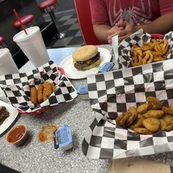 Johnny Rays Drive In - Double steak burgers, suzy q fries, pickles and jalapeño mozzarella sticks