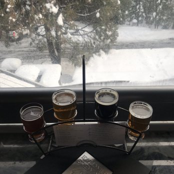 Idyllwild Brewpub - Our view from the outside patio area with a beer flight - Brewpubs Near Me - Idyllwild, California Idyllwild Brewpub - Our view from the outside patio area with a beer flight - Brewpubs Near Me - Idyllwild, California