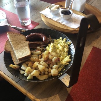Paul's - The Liverpool: Scrambled eggs, sausage, bacon, German fried potatoes and bread - Modern European Near Me - Liverpool, Nova Scotia