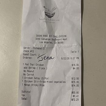 Saoha Khao Soi Thai Cuisine - Expensive receipt! I normally don't take a photo of receipts. But this one is necessary, - Thai Near Me - Los Angeles, California