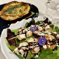 Ikaitz - Stuffed crab & langoustine brochette appetizers.