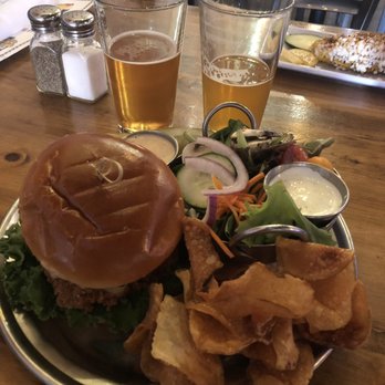 Prison Hill Brewing - Fried chicken sandwich with hand made chips and side salad - New American Near Me - Yuma, Arizona Prison Hill Brewing - Fried chicken sandwich with hand made chips and side salad - New American Near Me - Yuma, Arizona