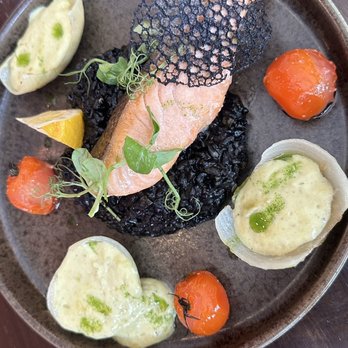 Bay View Restaurant - Green Curry Salmon with Black Risotto - Wine Bars Near Me - Kilronan, G