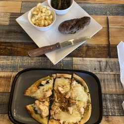 Coosa Cleaver - Steak, Mac and cheese, greens and Pesto Chicken Flatbread