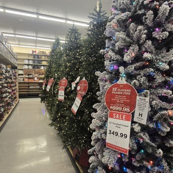 Hobby Lobby - Multiple artificial Christmas trees are displayed in a store aisle, with some decorated with lights and snow-like flocking. Sale signs show prices, including a $699.98 tree and a $349.99 tree, indicating discounts and sale offers. The store has a typical retail ceiling with fluorescent lighting and shelves in the background. - Home Decor Near Me - Exton, Pennsylvania