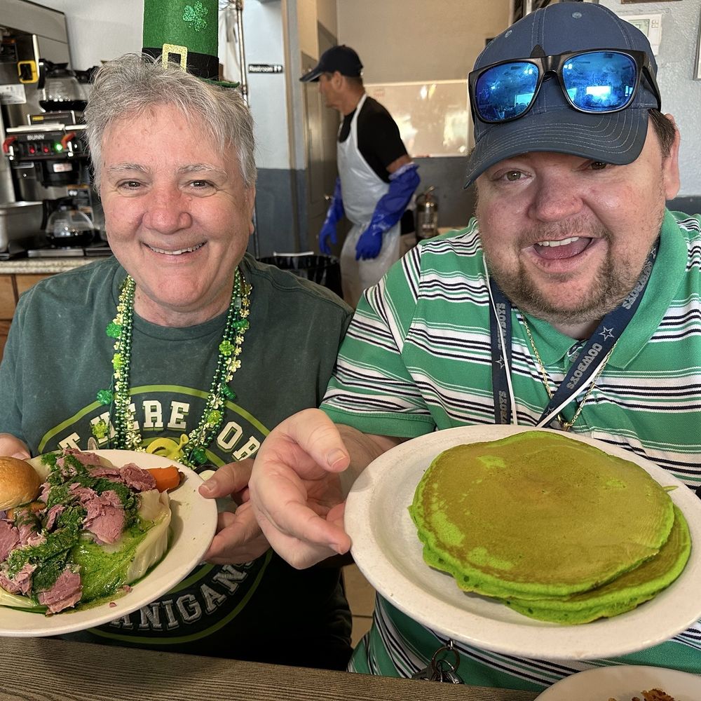 Cozy Oaks Restaurant - My brother Bill with Corned beef and cabbage and my brother Jonathan with his green pancakes - Breakfast & Brunch Near Me - Lakeland, Florida Cozy Oaks Restaurant - My brother Bill with Corned beef and cabbage and my brother Jonathan with his green pancakes - Breakfast & Brunch Near Me - Lakeland, Florida