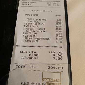 Bistro 31 - Our bill with my upcharge for truffle oil and full price for the asparagus risotto with no truffle shavings - French Near Me - Dallas, Texas Bistro 31 - Our bill with my upcharge for truffle oil and full price for the asparagus risotto with no truffle shavings - French Near Me - Dallas, Texas