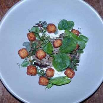 Rustic Canyon - Whipped Homemade Ricotta w/ mushroom, crispy corn polenta, pea tendrils - delicious, a must! - Wine Bars Near Me - Santa Monica, California