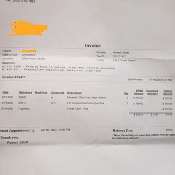 Elliott Vision Center - Here is bill for services.... Not fully rendered! - Optometrists Near Me - Racine, Wisconsin Elliott Vision Center - Here is bill for services.... Not fully rendered! - Optometrists Near Me - Racine, Wisconsin