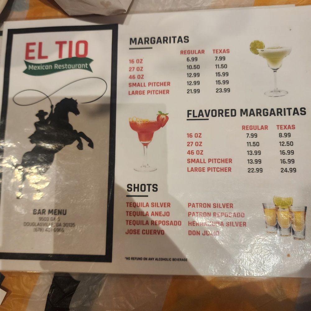 El Tio - Drink menu. They also have mixed drinks (did not get a picture but they are about 8.50) - Mexican Near Me - Douglasville, Georgia El Tio - Drink menu. They also have mixed drinks (did not get a picture but they are about 8.50) - Mexican Near Me - Douglasville, Georgia