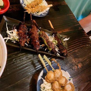 Yokushi Robata - Scallops, chicken skin, garlic beef, and wasabi beef skewers - Poke Near Me - Houston, Texas Yokushi Robata - Scallops, chicken skin, garlic beef, and wasabi beef skewers - Poke Near Me - Houston, Texas