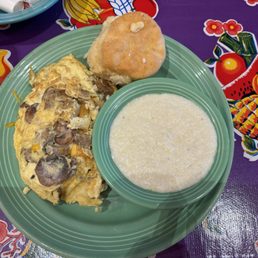 Piedmont omelette with mushrooms in place of bacon, biscuit, and cheese grits Piedmont omelette with mushrooms in place of bacon, biscuit, and cheese grits