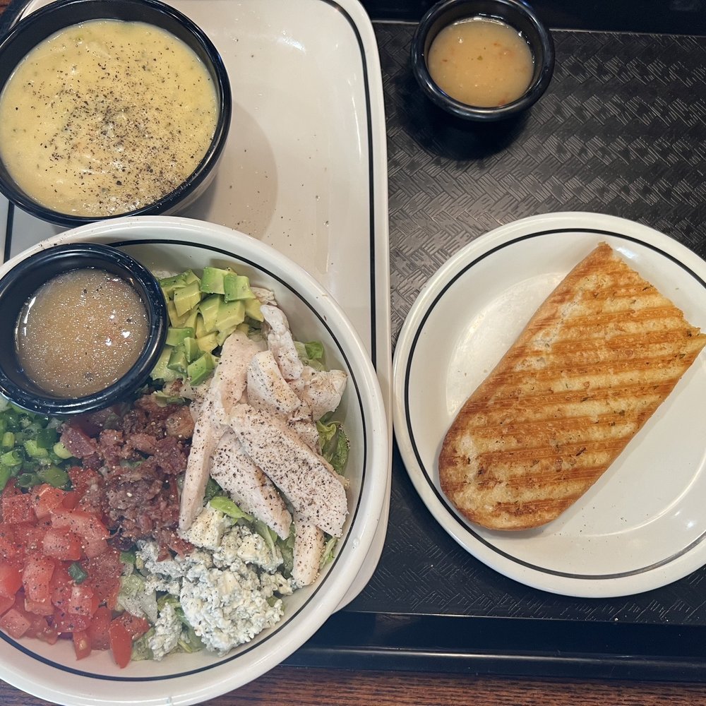 Corner Bakery Cafe - Chopped  Salad & Cheddar Broccoli Soup garlic bread - Sandwiches Near Me - Lakewood, California