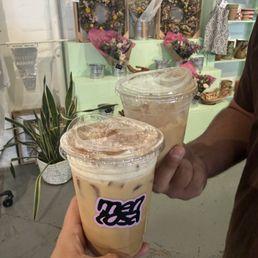 Two Spanish Lattes (one with cold foam decaffeinated & the other normal/original) Two Spanish Lattes (one with cold foam decaffeinated & the other normal/original)