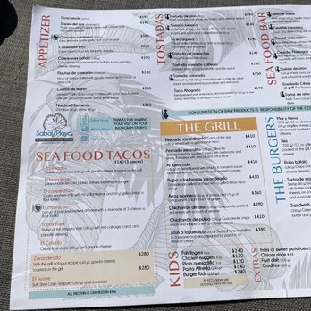 Sabal Playa - Menu...more on the back! - Beach Bars Near Me - Nayar, NAY