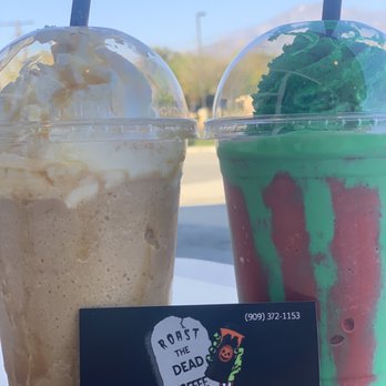 Roast The Dead Coffee - Left to right is the sea salt caramel and Freddie's nightmare - Coffee & Tea Near Me - Yucaipa, California Roast The Dead Coffee - Left to right is the sea salt caramel and Freddie's nightmare - Coffee & Tea Near Me - Yucaipa, California
