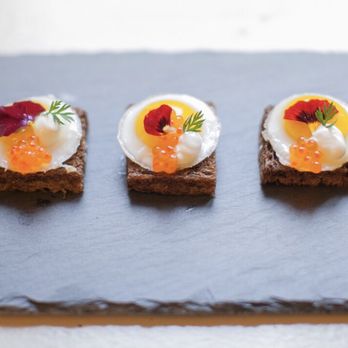 Metal & Match - fried quail egg canapés with crenn fraiche, salmon roe and pumpernickel - Caterers Near Me - Oakland, California Metal & Match - fried quail egg canapés with crenn fraiche, salmon roe and pumpernickel - Caterers Near Me - Oakland, California