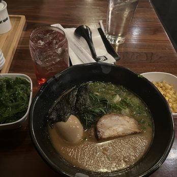 JINYA Ramen Bar - Logan Circle - Seaweed Salad, JINYA Tonkotsu Original, bowl of corn, glass of a Shirley Temple drink. - Ramen Near Me - Washington, DC, District of Columbia