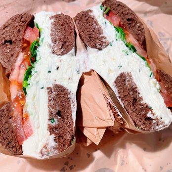 Boichik Bagels - Pumpernickel bagel with chives cc, tomato, and sprouts. - Bagels Near Me - San Francisco, California