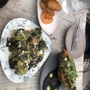 Margot - Potatoes Bravas, Sea Bream Filet, charred broccoli - Spanish Near Me - Culver City, California Margot - Potatoes Bravas, Sea Bream Filet, charred broccoli - Spanish Near Me - Culver City, California
