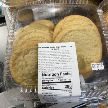 Amazon Fresh - A container of jumbo sugar cookies with a nutrition label indicating 12 cookies and 290 calories per serving, with an expiration date of 07/18/22. - Grocery Near Me - Oceanside, New York