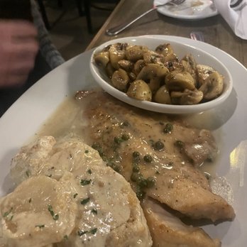 T Marie's - Redfish with lemon caper sauce. Au Gratin potatoes and button mushrooms. - Italian Near Me - Mobile, Alabama T Marie's - Redfish with lemon caper sauce. Au Gratin potatoes and button mushrooms. - Italian Near Me - Mobile, Alabama