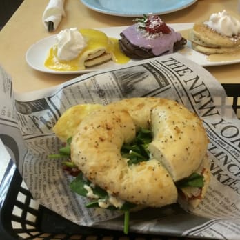 My Cafe - Breakfast bagel with turkey bacon and flight of pancakes - Breakfast & Brunch Near Me - Kapolei, Hawaii