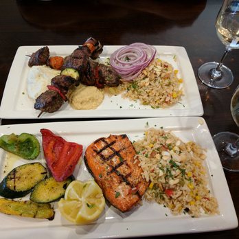 Hapy Bistro - Grilled salmon with vegetables and rice; beef kebab - Mediterranean Near Me - Pismo Beach, California